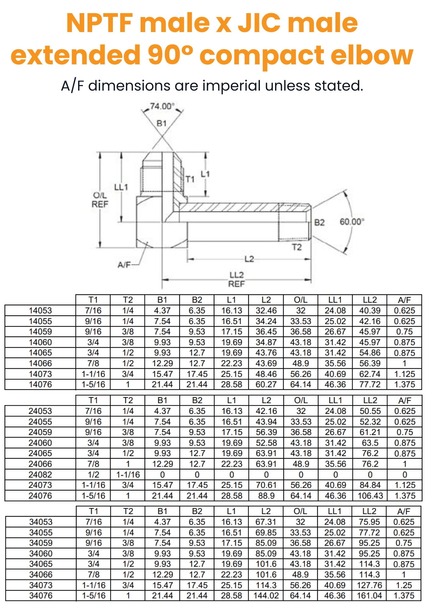 1/4 NPTF Extended x 7/16 JIC M/M 90° Compact A=1.59 Hydraulic Adaptor